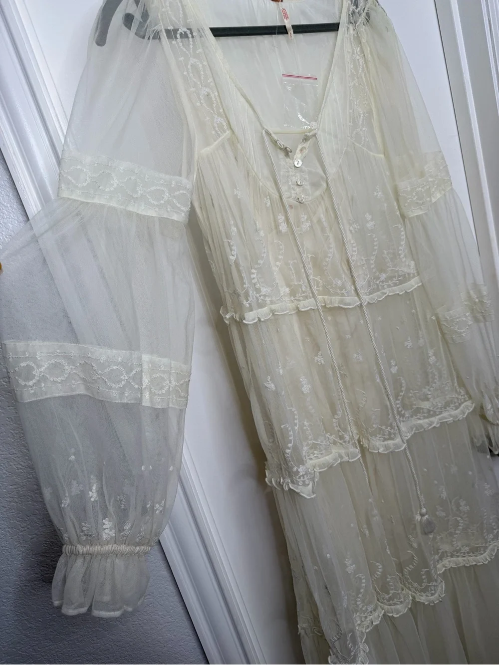 Free People Stevie Embroidered Sheer Mesh Maxi Dress Size Small Ivory